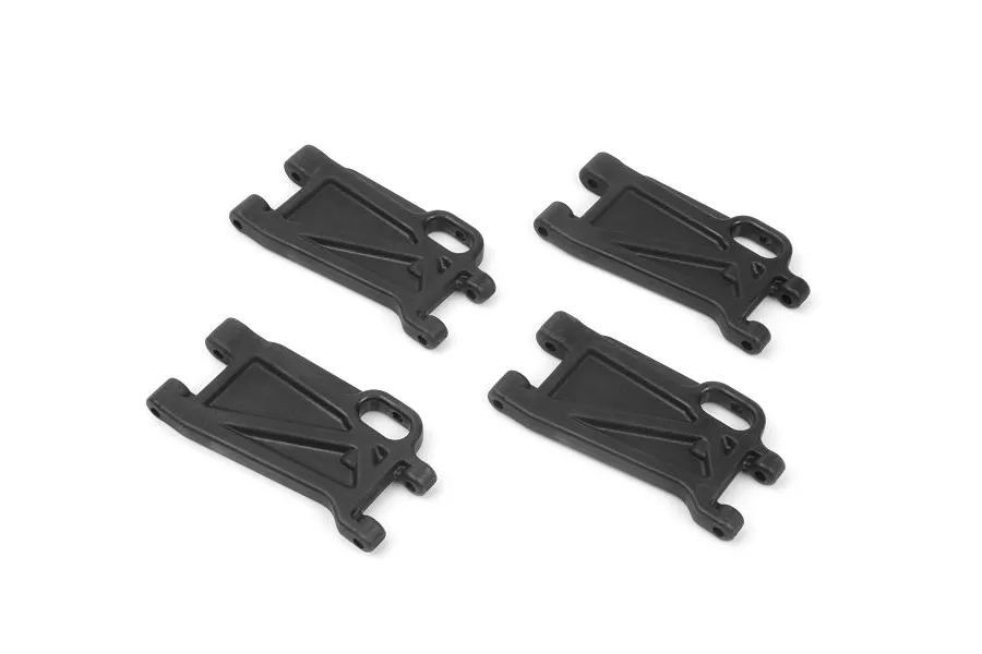 Four black plastic lower suspension arms for an RC vehicle, arranged in a grid on a white background.
