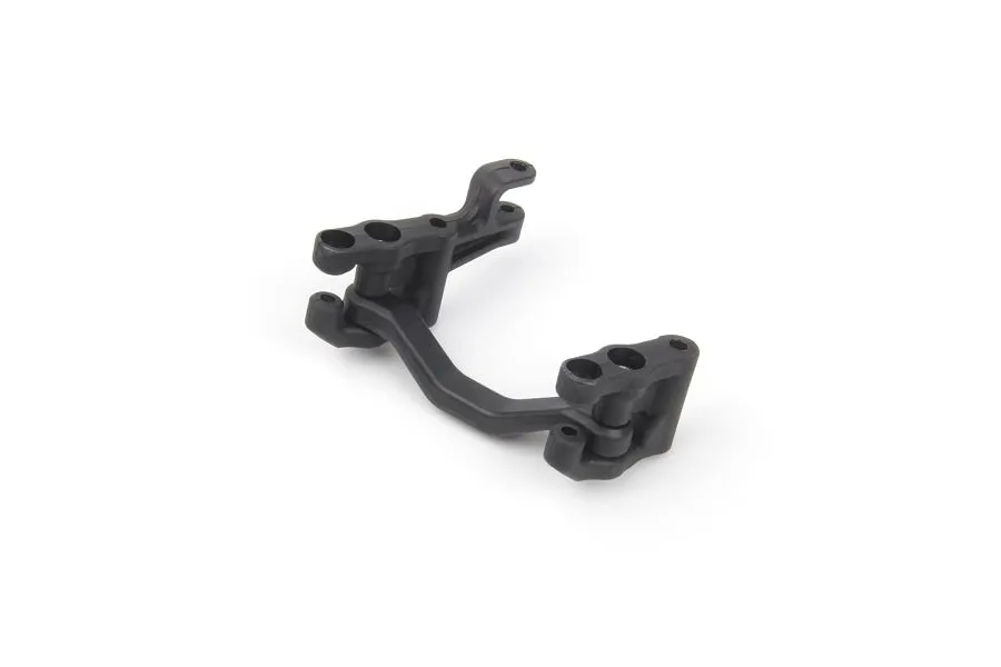 A black plastic steering bellcrank and drag link assembly for an RC car, shown from a high-angle perspective on a white background.