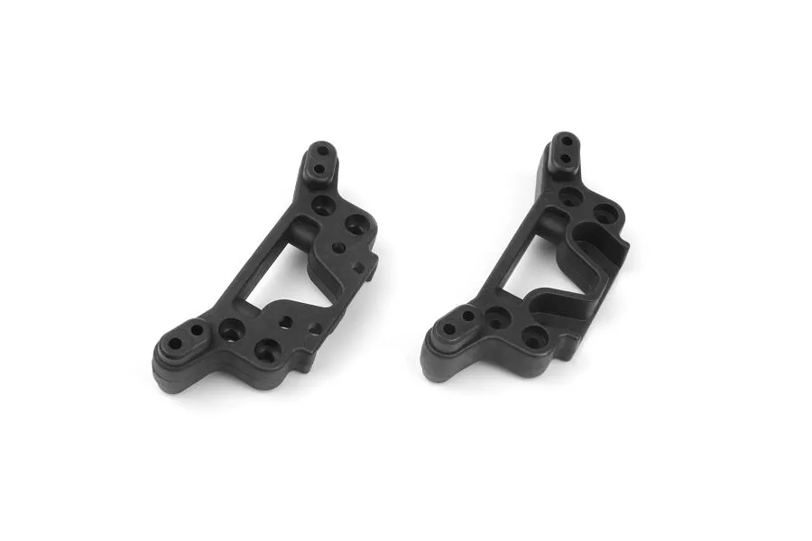 Two black plastic shock tower components for an RC vehicle, shown from a top-down angle on a white background.