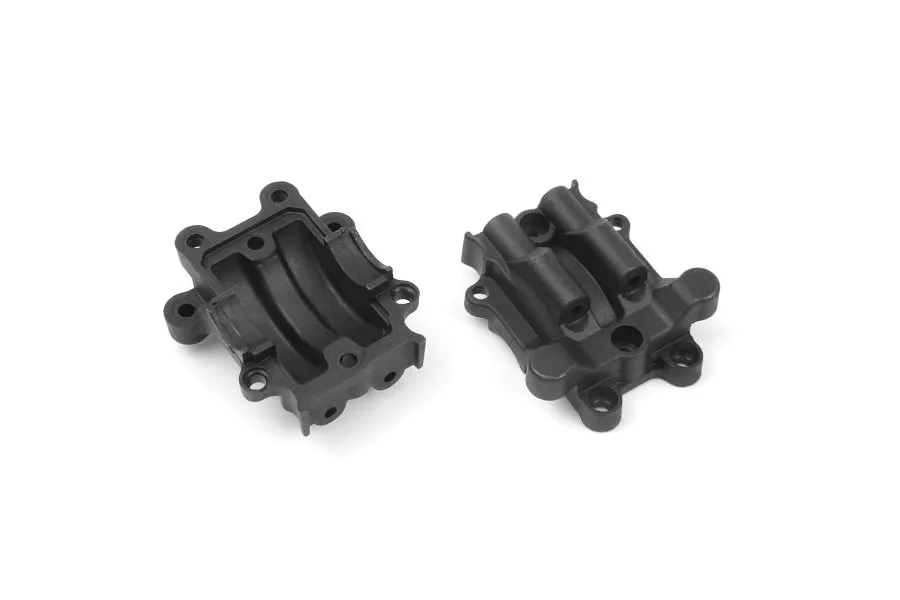 Two black plastic differential case halves for an RC vehicle, shown from top and bottom angles on a white background.