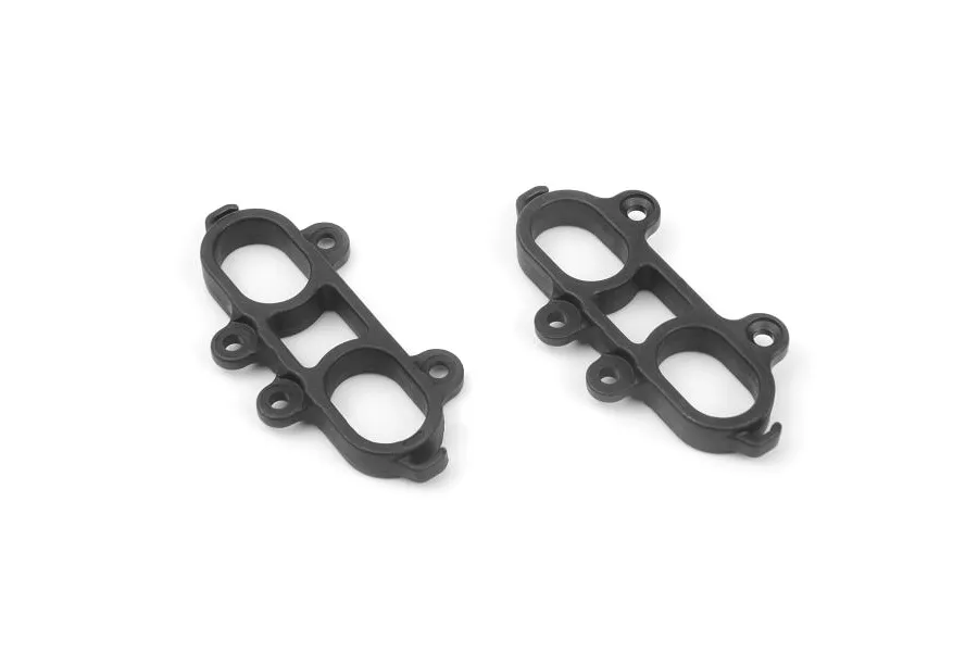 Two black plastic bumper mounts for Maverick RC vehicles, shown from an angled top-down perspective against a white background.