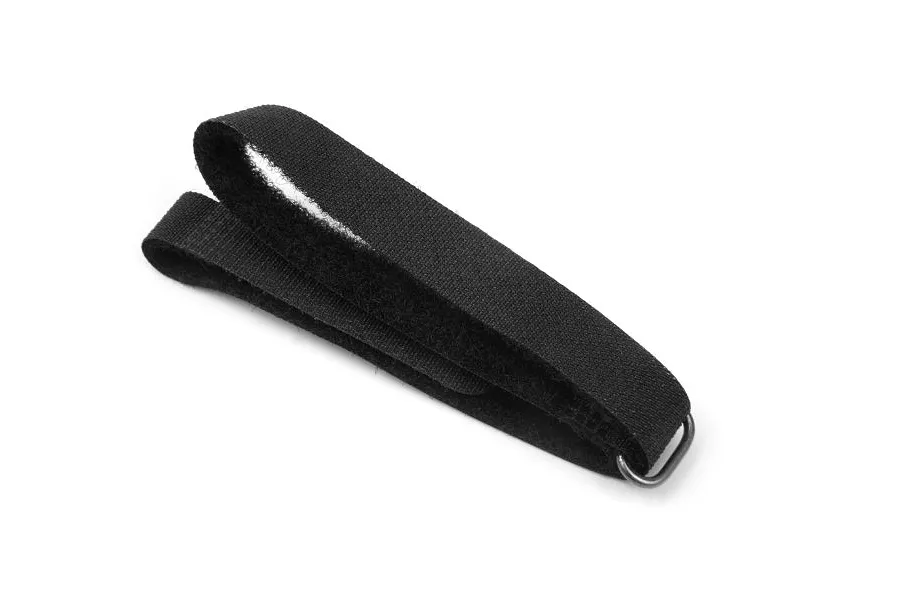 A black hook-and-loop battery strap for RC vehicles with a metal buckle, isolated on a white background.