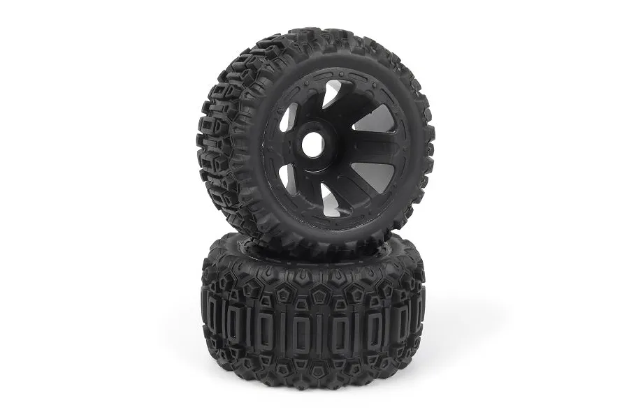 Two black RC monster truck wheels with aggressive tread patterns stacked on a white background.