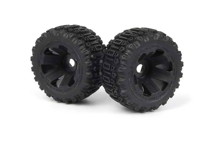 Two black RC monster truck wheels with aggressive tread patterns on a white background.
