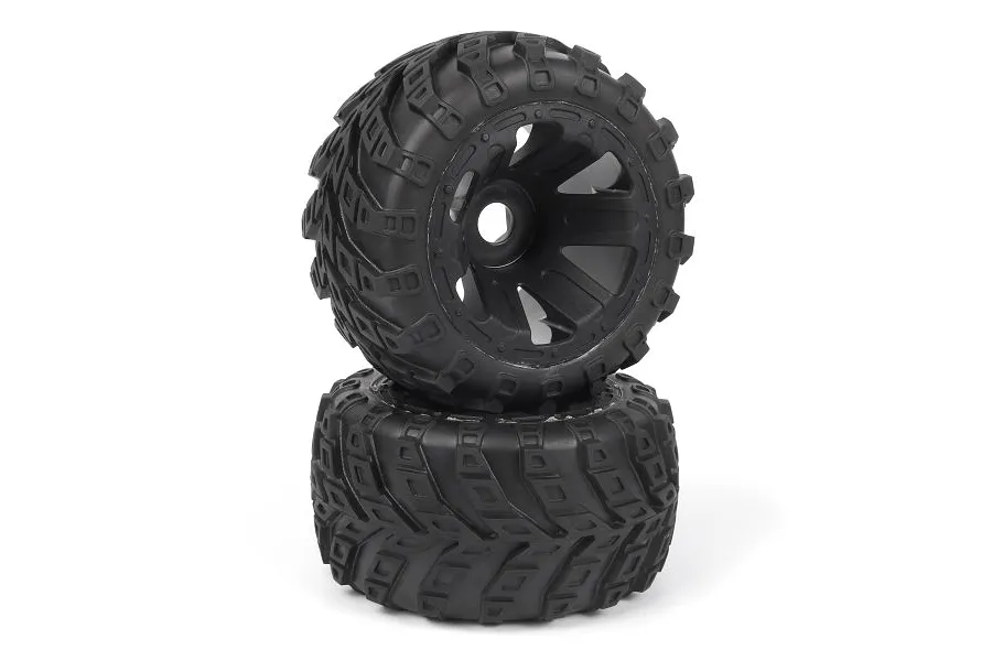 Two black RC monster truck wheels stacked on a white background, featuring aggressive tread patterns and multi-spoke rims.