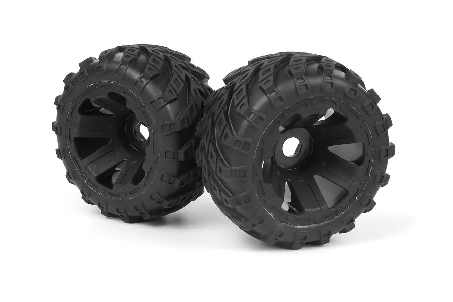 Two black monster truck RC wheels with aggressive tread patterns on black rims, isolated on a white background.