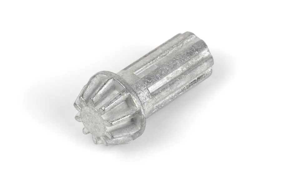 A silver metal differential pinion gear for an RC vehicle, shown from an angled perspective on a white background.