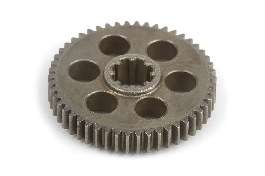 A grey sintered metal 50-tooth spur gear for an RC car, featuring a splined center hole and six circular weight-reduction holes.