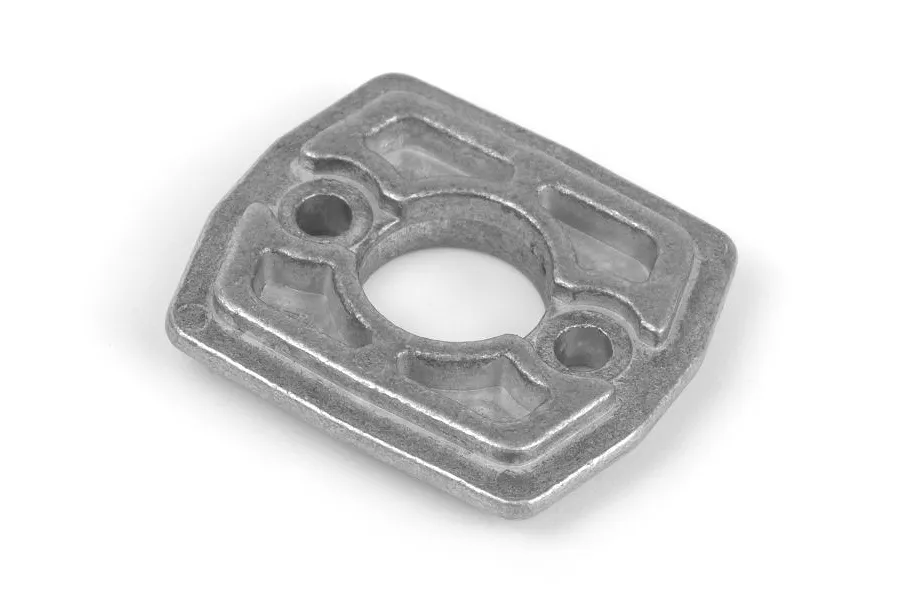 A rectangular silver metal RC motor mount plate with a central hole and two mounting screw holes, shown against a white background.