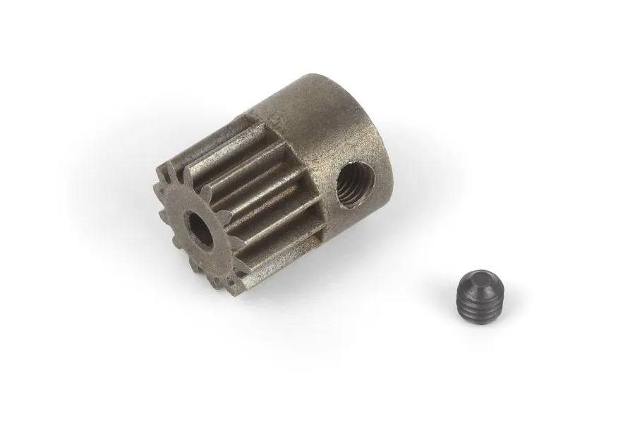 A 14-tooth metal pinion gear and a small grub screw on a white background.