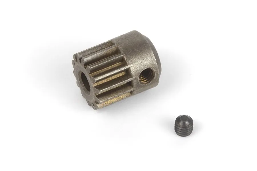 A 14-tooth sintered metal pinion gear for RC cars, shown with a small grub screw on a white background.