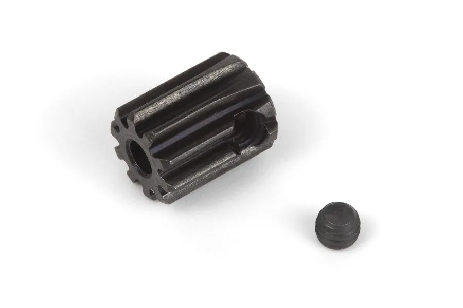 A steel 14-tooth pinion gear and a small grub screw isolated on a white background.