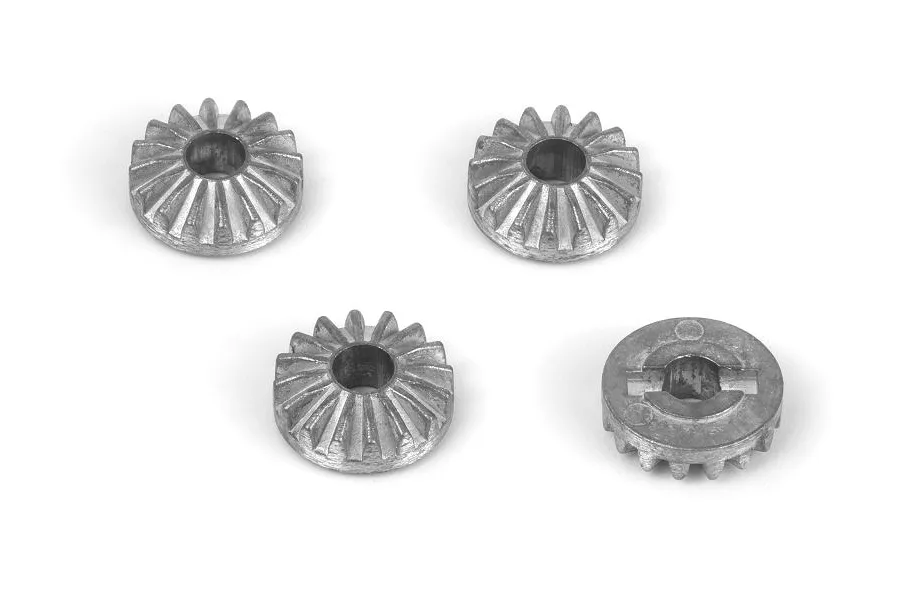 Four silver-coloured metal internal differential gears for an RC car, shown from different angles on a white background.