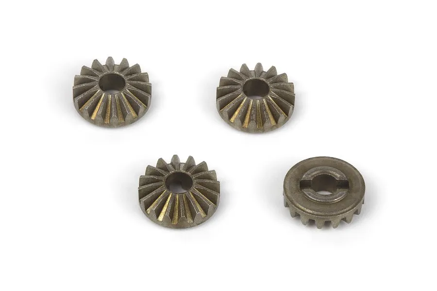 Four small metal differential gears for an RC car, showing both the gear teeth and the flat rear mounting side.