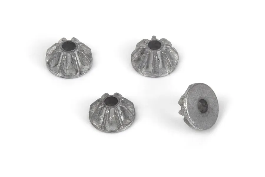 Four small metal internal differential gears for an RC vehicle, shown from different angles against a white background.