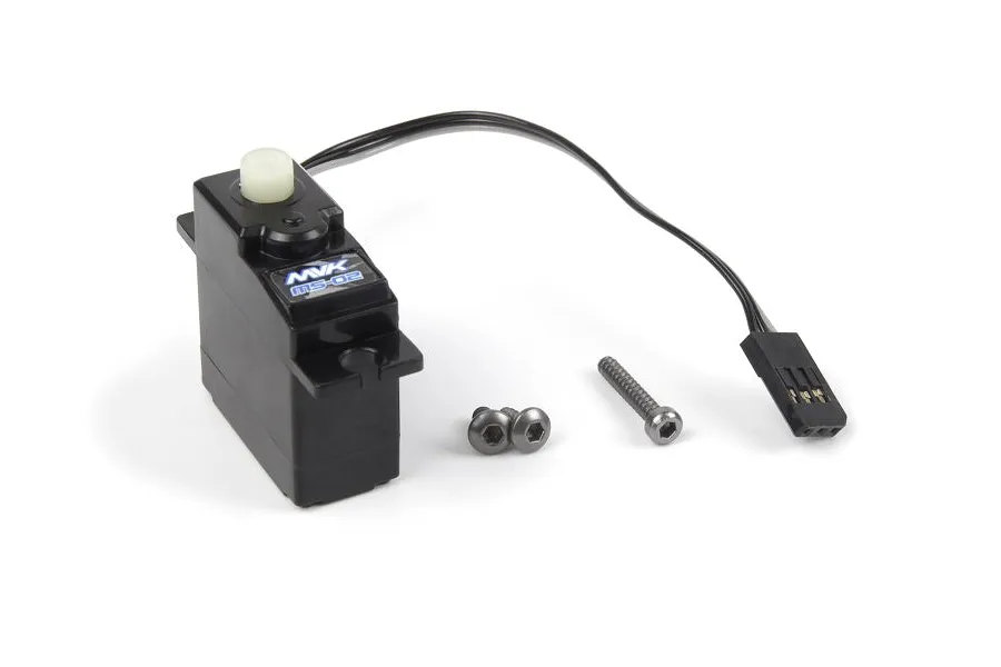 Maverick MS-02 mini servo with black plastic casing, white output gear, attached wire with connector, and three metal mounting screws.