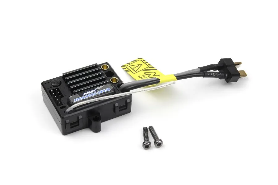 Maverick MSRS-313 2-in-1 ESC/Receiver unit with attached power wires and two small mounting screws on a white background.
