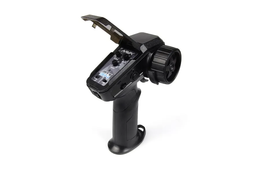 Maverick MTX-314 2.4Ghz 4-channel RC transmitter with the adjustment panel cover open, showing dials and switches.