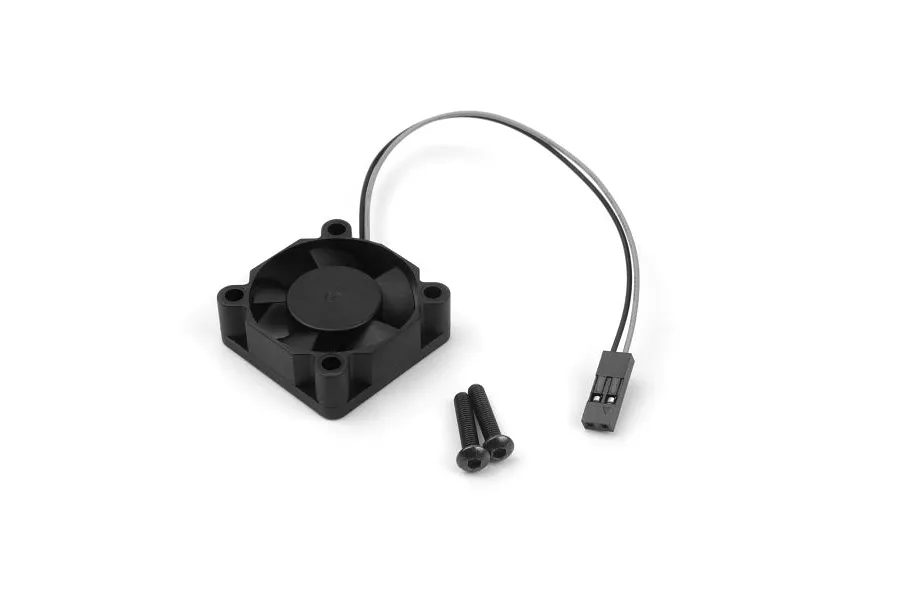 A black Maverick RC cooling fan with a two-pin connector and two mounting screws on a white background.