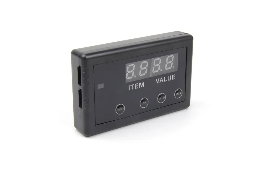 A black Maverick ESC programming card with a digital display and four circular buttons labeled Reset, OK, Value, and Item.