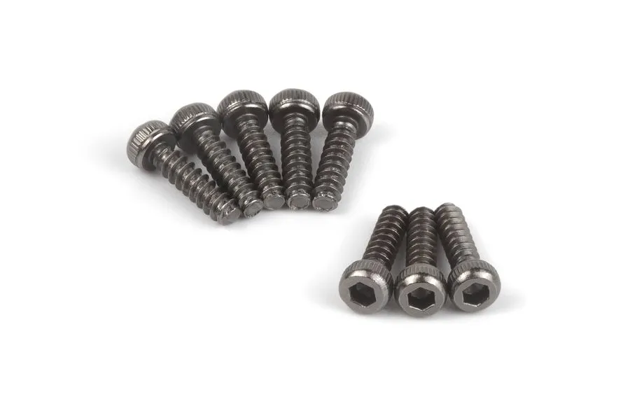 A set of eight dark grey metal button head screws with coarse threads and hexagonal drive sockets, arranged on a plain white background.