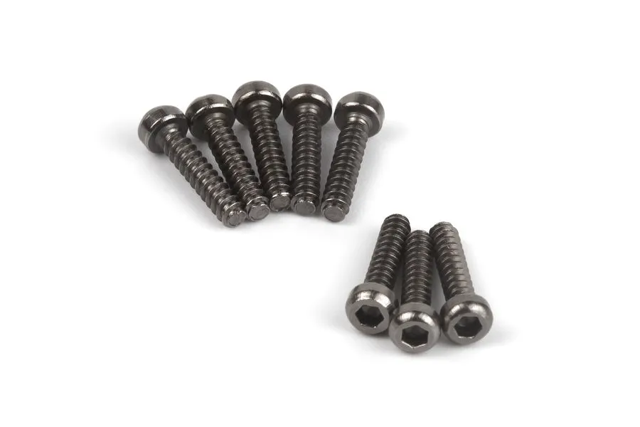 A set of eight black metal button head screws with hex drive sockets, arranged in two groups on a white background.