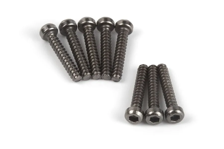 A set of eight dark grey metal button head screws with coarse threads arranged on a white background.