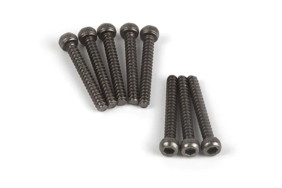 A set of eight black metal button head screws with coarse threads, arranged in two groups on a white background.