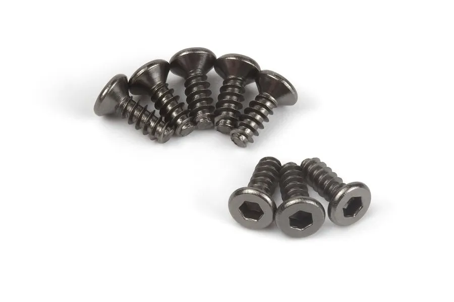 A set of eight black metal countersunk screws with hex drive heads arranged on a white background.