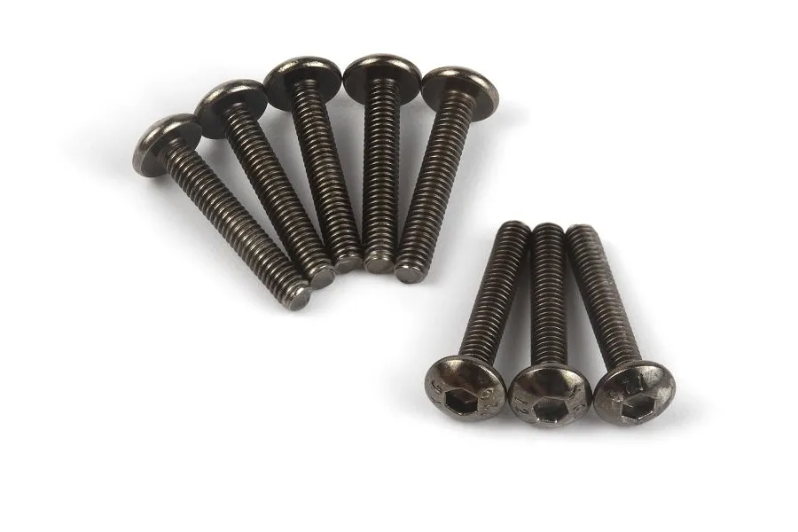 A set of eight black metal button head screws with hex drive sockets, arranged on a white background.