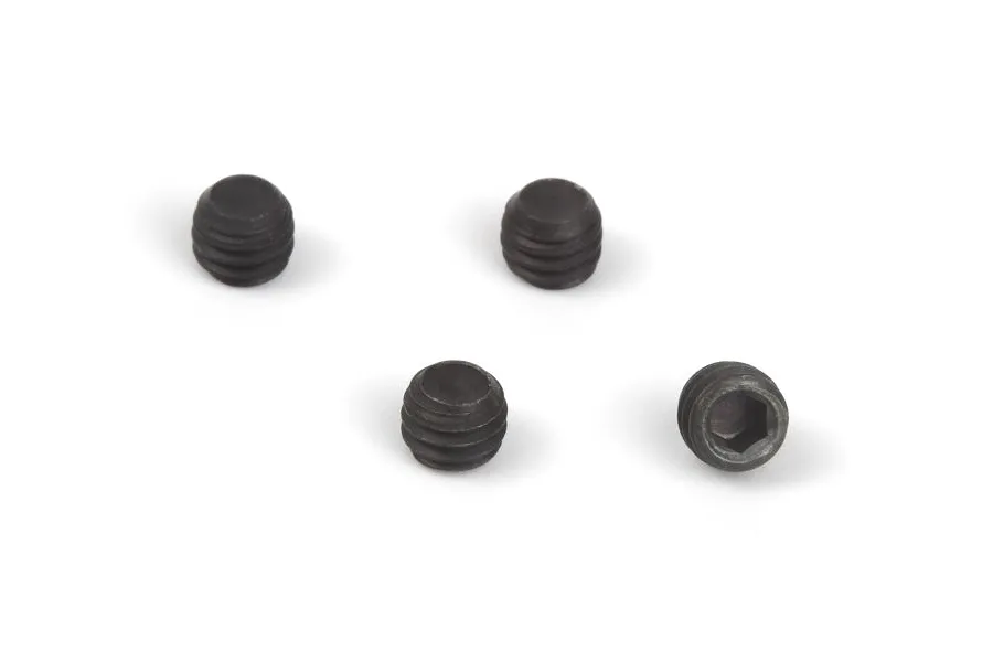 Four small black metal grub screws with hex sockets arranged on a white background.