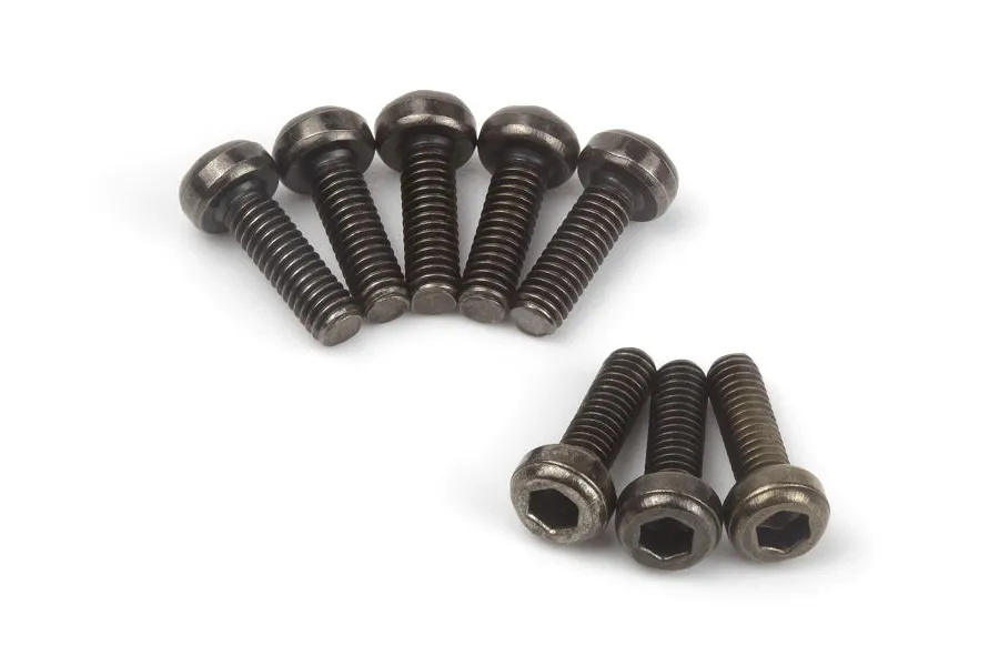 A set of eight dark metal cap head screws arranged in two groups against a plain white background.