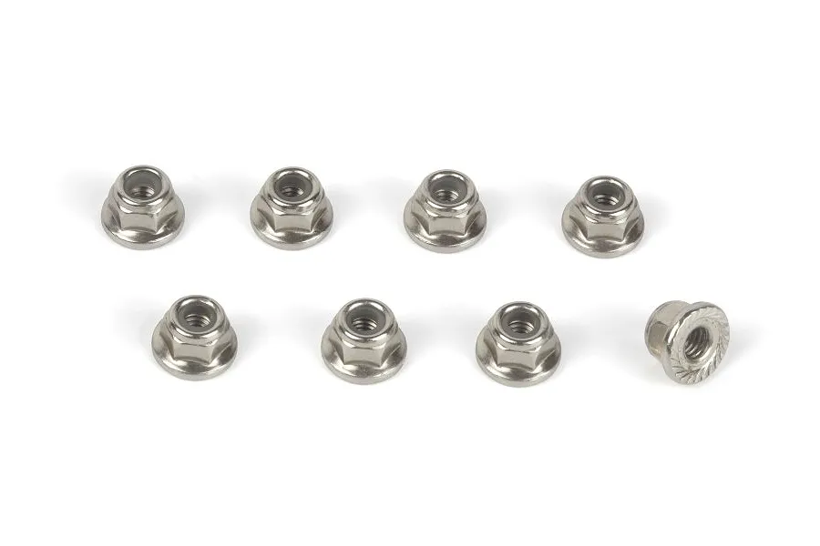 A set of eight silver-coloured 4mm flanged nyloc nuts for RC vehicles arranged on a white background.