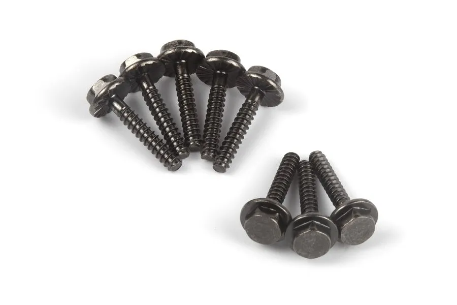 A set of eight black metal flanged hex head screws arranged on a white background.