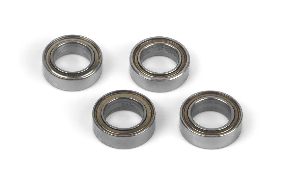 Four metal shielded ball bearings arranged in a square pattern on a white background.