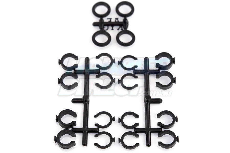 A set of black RPM RC shock spring clips on plastic sprues against a white background.