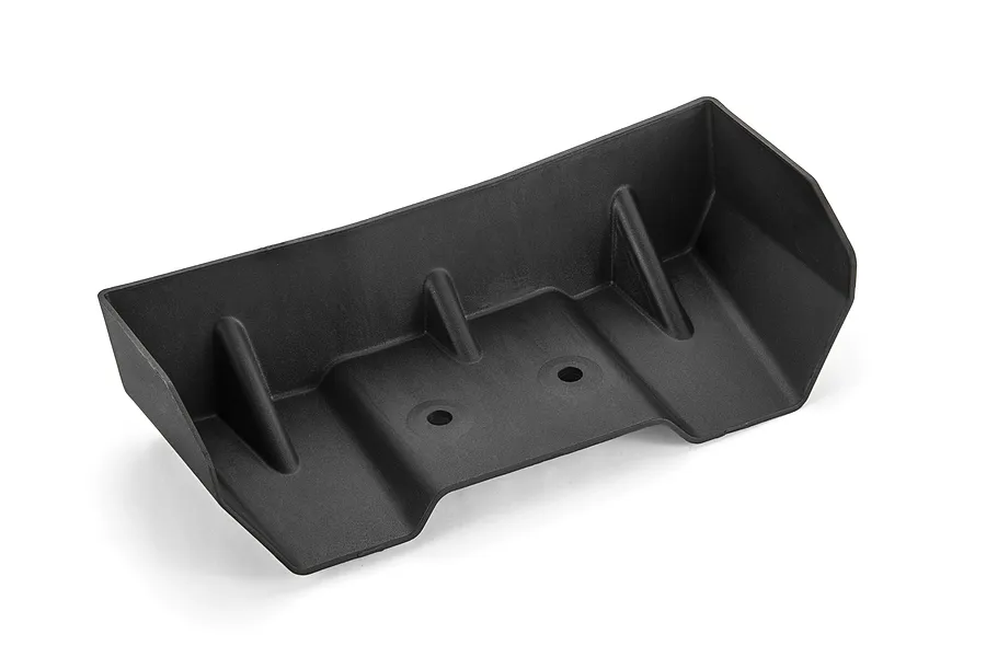 A black plastic RC car rear wing with two mounting holes and three vertical support fins, isolated on a white background.