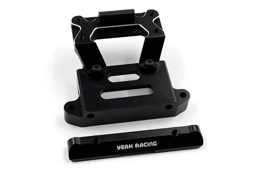 Black anodized aluminium rear shock tower and arm mount set by Yeah Racing for RC cars.