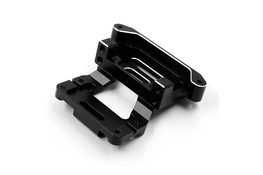 A black anodized aluminium rear shock tower and arm mount for RC cars, featuring machined edges and multiple mounting holes.