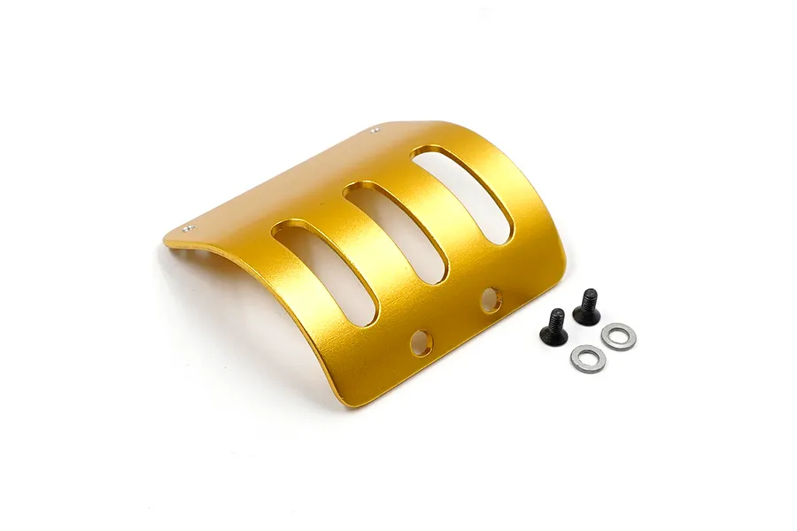 A gold-anodized aluminium RC motor guard with cooling vents, accompanied by two black screws and two metal washers on a white background.
