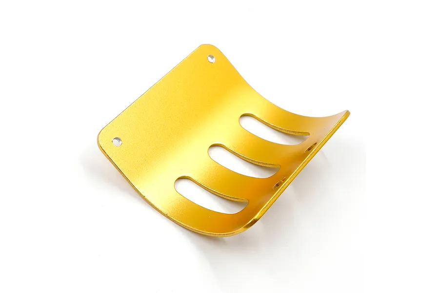 A gold-anodized aluminium RC motor guard with a curved design and three ventilation slots, isolated on a white background.