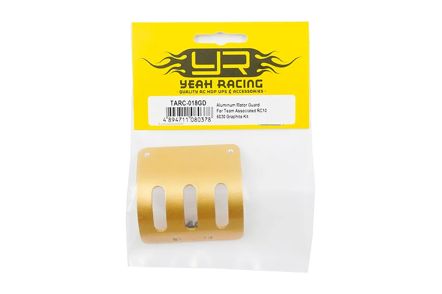 Yeah Racing gold aluminium motor guard for Team Associated RC10 in original retail packaging.