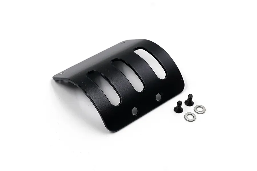 A black curved aluminium motor guard for RC cars with three ventilation slots, accompanied by two small screws and two washers on a white background.