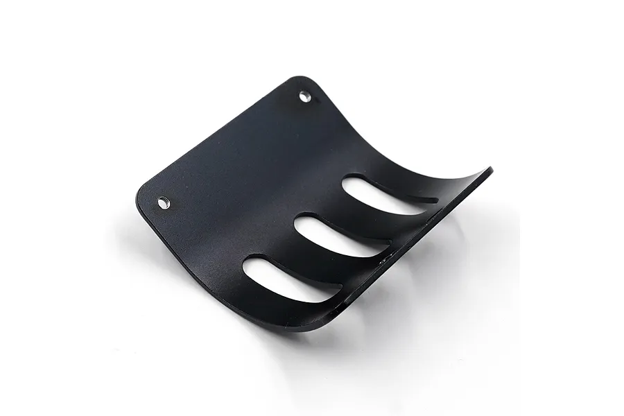 A black curved aluminium motor guard for RC cars with three ventilation slots and two mounting holes, isolated on a white background.