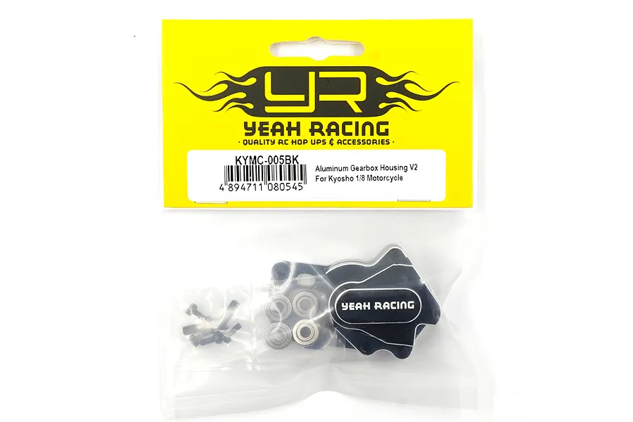 Yeah Racing Aluminium V2 Gearbox Housing for Kyosho 1/8 motorcycle in original yellow and white retail packaging.