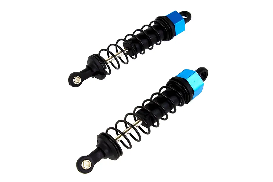 Two HSP RC shock absorbers with black bodies, black springs, and blue anodized aluminum top caps, isolated on a white background.