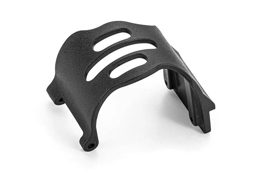 A black Atrek motor guard cover for an RC car, featuring a curved design with ventilation slots, isolated on a white background.