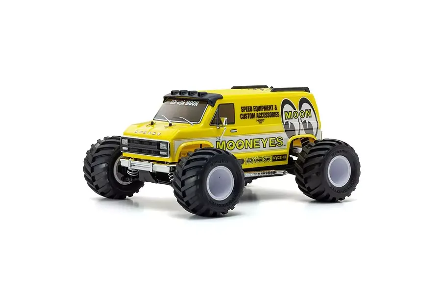 A yellow Kyosho Mad Van RC monster truck with Mooneyes branding, featuring large black off-road tires and a van-style body on a white background.