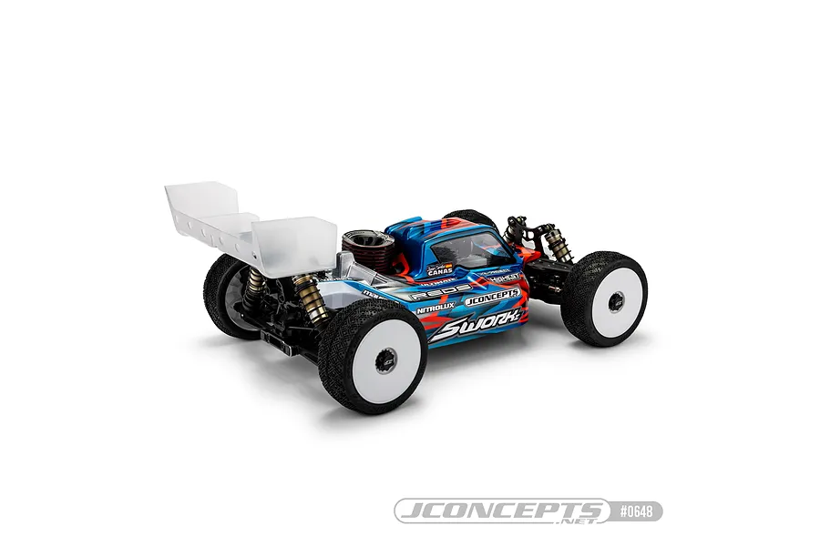 A fully assembled Sworkz S35-4 Evo RC buggy featuring a JConcepts P2 body shell with a blue, red, and white racing livery.