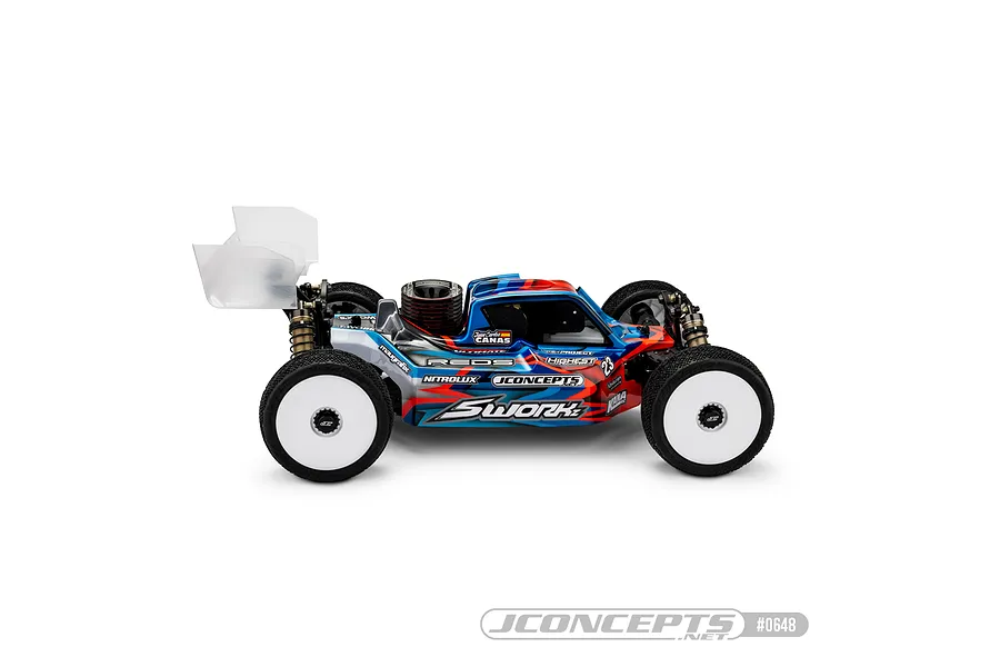Side profile of a fully assembled Sworkz S35-4 Evo RC buggy featuring a painted JConcepts P2 body shell with blue, red, and white racing livery.
